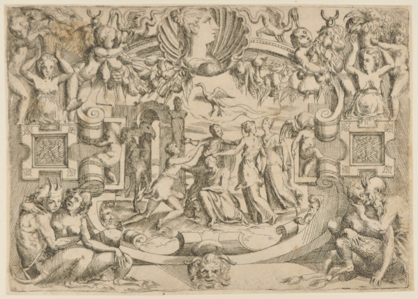 THREE WOMEN AND A MAN DANCING AROUND A SEATED WOMAN, SATYRS IN FOREGROUND