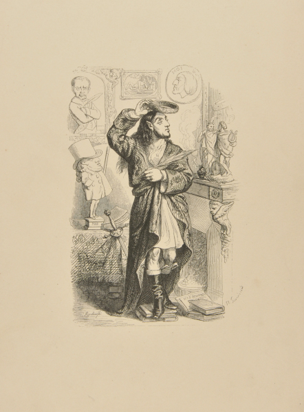 [FIGURE WITH LONG HAIR, WEARING A DRESSSING GOWN, HOLDING A WREATH AND QUILL]