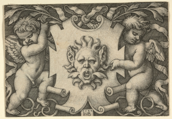 ORNAMENT WITH A MASK HELD BY TWO GENII