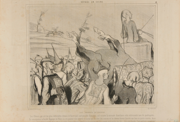 THE HORSE RACES. THE CHINESE, WHO HAVE THE MOST UGLY CARRIAGE HORSES ONE CAN POSSIBLY IMAGINE, HAVE RECOGNIZED THE NECESSITY TO IMPROVE THIS INTERESTING BREED OF QUADRUPEDS. SO THE HORSE RACING ASSOCIATION OF BEIJING HAS HAD NO BETTER IDEA THAN TO MAKE THE HORSES RACE AND OVER A DISTANCE OF A MILE IN 4 MINUTES. TO THE CONTENTMENT OF THE ORGANIZING COMMITTEE, THE WINNER QUITE FREQUENTLY REACHES FINISHING LINE... ON A WHEEL BARROW. THE IMPROVEMENT