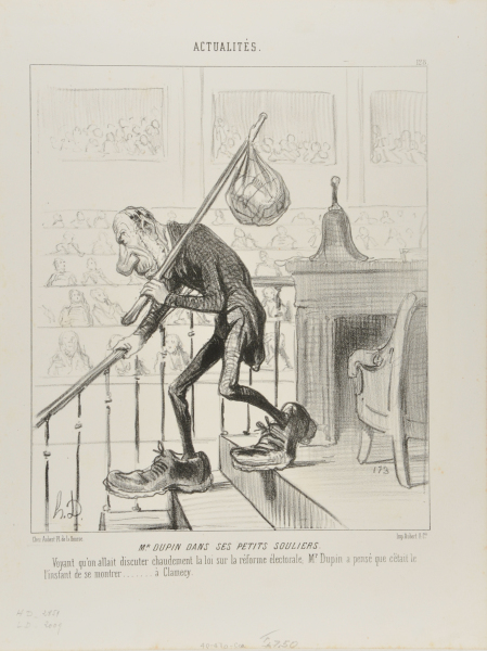 MR. DUPIN IN HIS LITTLE SHOES. ONCE MR. DUPIN NOTICED THAT ONE STARTED A HEATED DISCUSSION ABOUT THE REFORM OF THE ELECTION LAWS, HE CONSIDERED IT THE RIGHT MOMENT TO SHOW HIMSELF AT CLAMECY.