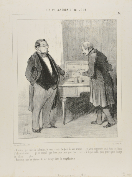 MONSIEUR, NOW THAT THE MERGER HAS BEEN EFFECTED, I SHALL RETURN THE SHARES TO YOU.... I WILL TAKE OVER ALL THE ADMINISTRATIVE COSTS... I'LL JUST KEEP 2% FOR THE LIQUIDATION, PLUS 4% FOR CHANGING THE CASH, PLUS.... - MONSIEUR IS JUST TOO GENEROUS!