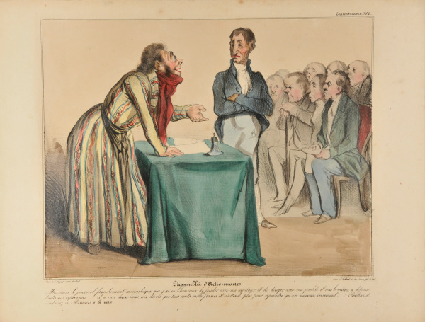 STOCKHOLDERS' ASSEMBLY. GENTLEMEN, THE MONARCHIST NEWSPAPER WHICH I HAD THE HONOR OF FOUNDING WITH THE HELP OF YOUR CAPITAL AND MY ABILITIES SURPASSED MY WILDEST EXPECTATIONS AND HOPES… IT LIVED TWO MONTHS, DEVOURED ONLY THREE HUNDRED THOUSAND FRANCS, AND IN ORDER TO HAVE IT REAPPEAR ALL WE NEED IS A SMALL PAYMENT FROM YOUR SIDE… BERTRAND, SEE THE GENTLEMEN TO THE CASHIER.