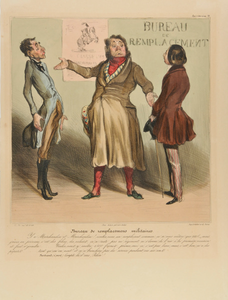 CONSCRIPT REPLACEMENT AGENCY. -THERE'S MERCHANDISE AN' MERCHANDISE! YOU WAN' A COMMON REPLACEMENT, THAT'LL COST YER ONLY 800 F., BUT I WARN YER, THEY'RE ALL SWINDLERS, CROOKS WHO DON'T STAY WITH THEIR REGIMENT, WHO SKEDADDLE AT THE FIRST OPPORTUNITY AND WHO 'AVE TER BE RETRIEVED.... WOULD YER LIKE TER MAKE IT 1'500 F., TAKE THAT SPECIMENT, IT AIN'T HANDSOME BUT IT'S OF GOOD COMPOSITION AND IT'S GOT PAPERS... AS MANY AS YER LIKE AN' IT DON'T FLINC