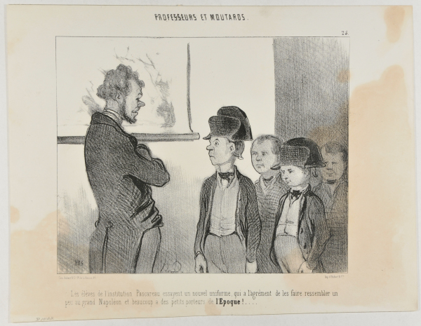 THE PUPILS OF THE INSTITUTE PASCAREAU ARE TRYING THEIR NEW SCHOOL UNIFORM WHICH MAKES THEM LOOK A LITTLE LIKE THE GREAT NAPOLEON AND A LOT LIKE LITTLE NEWSPAPER BOYS.