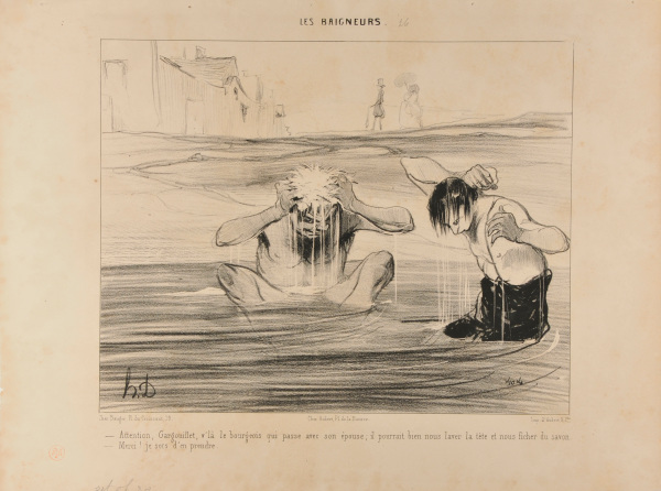 BE CAREFUL, GARGOUILLET, HERE IS THE BURGHER PASSING WITH HIS WIFE. HE MIGHT WANT TO WASH OUR HEADS AND GIVE US A GOOD SOAP-DOWN... - BETTER NOT!