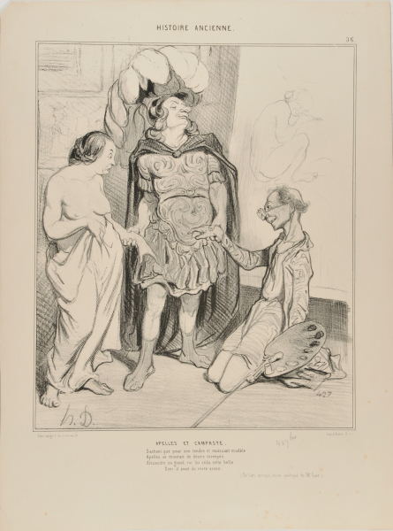 APELLES AND CAMPASTE. / AWARE THAT APELLES WAS WASTING AWAY WITH LOVE / ALEXANDER GAVE HIM CAMPESTE AND ABOVE / THE FIRST ART DEAL EVER NOW WAS STRUCK / GIRLFRIEND AGAINST SCULPTURE, OH WHAT LUCK! / (FROM ART AND THE ANTIQUE, A POETIC ESSAY BY M. CAVÉ)