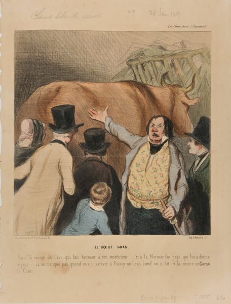 THE PRIZE BULL. NOW LOOK AT THIS BEAUTIFUL SPECIMEN, THE PRIDE OF NORMANDY WHERE IT WAS BORN... SURELY ONCE HE ARRIVES IN POISSY, PEOPLE WILL SAY: NOW THAT'S A NICE HORNY BULL FROM CAEN.