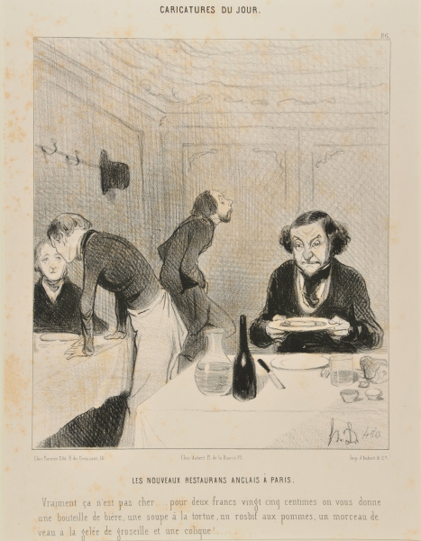 NEW ENGLISH RESTAURANTS IN PARIS. THIS IS REALLY NOT TOO EXPENSIVE.... FOR TWO FRANCS AND 25 CENTIMES THEY GIVE YOU A BOTTLE OF BEER, TURTLE SOUP, A ROAST BEEF WITH POTATOES, A SLICE OF VEAL, CURRANT JELLY AND A COLIC.