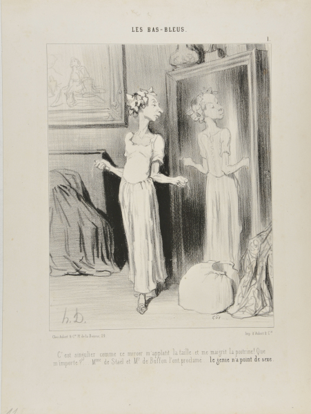 ISN'T IT STRANGE HOW THIS MIRROR FLATTENS MY WAIST AND REDUCES MY BUST... BUT WHAT DOES THAT MATTER?... MME DE STAEL AND MR DE BUFFON CLEARLY SAID: GENIUS HAS NO SEX.