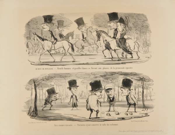 IN THE BOIS DE BOULOGNE. - LADIES AND GENTLEMEN ENJOYING A RIDE IN THE PARK. --- ON THE CHAMPS-ELYSÉES - PARISIANS, STILL CELEBRATING THE OLD GAME OF BOULE.