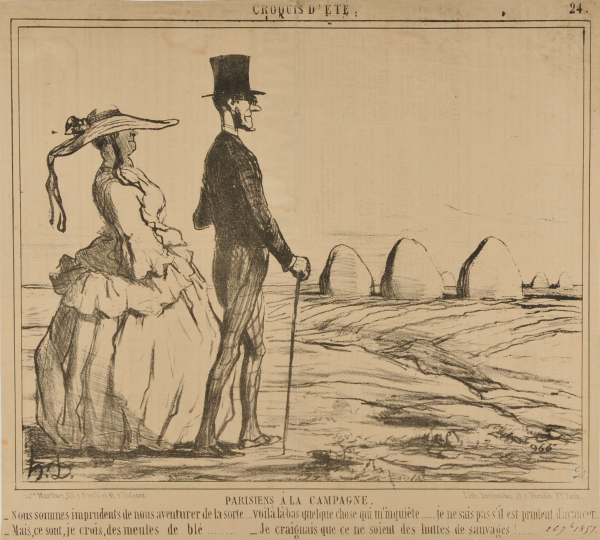 PARISIANS IN THE COUNTRYSIDE. - AREN'T WE A BIT TOO AUDACIOUS TO GET INVOLVED IN SUCH AN ADVENTURE.... DOWN THERE I SEE SOMETHING RATHER DISTURBING... I AM NOT SURE WHETHER IT IS WISE TO ADVANCE ANY FURTHER. - BUT I THINK THESE ARE SIMPLY MILLSTONES... - AND I WAS AFRAID THESE MIGHT BE THE HUTS OF SOME SAVAGES!