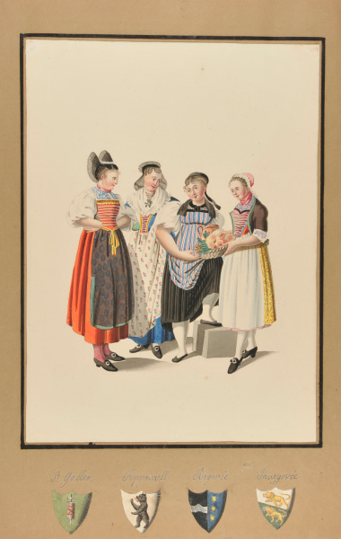 FOUR PROVINCIAL COSTUME ILLUSTRATIONS: ST. GALLEN, APPENZELL, SRGOVIE, AND THURGOVIE
