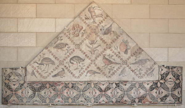 Fragment of floor mosaic depicting birds and crops