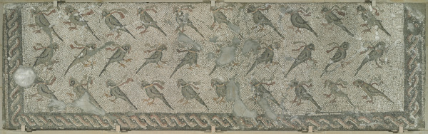 Fragment of floor mosaic depicting beribboned parrots