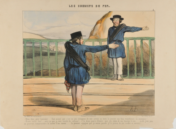 YOU MUST ADMIT THAT IT IS A BIT BORING, MONSIEUR LOUSTALOT, TO STAND LIKE THIS ALL DAY WITH YOUR ARMS UP LIKE THAT HOLDING THE SIGNAL-FLAG?... - YOU ARE TELLING ME!.. AND I'M SO STUFFED UP WITH A COLD! I NEEDED TO BLOW MY NOSE FOR THE PAST 45 MINUTES..... BUT I DON'T DARE .... IT MIGHT ENDANGER THE SAFETY OF THE TRAIN.... I'LL ASK THE NEXT PASSENGER WHO HAPPENS TO PASS BY TO DO ME THIS FAVOUR.