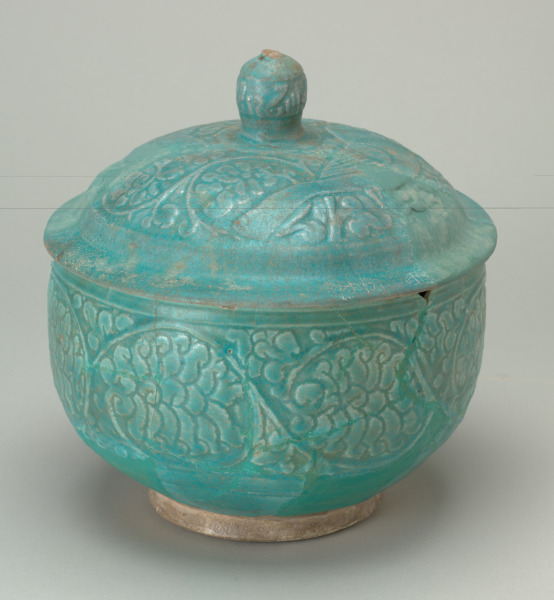 Deep Covered Bowl with Carved Scroll Design