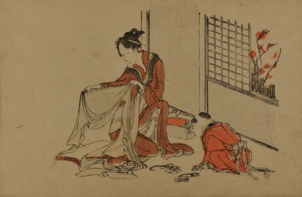 Woman Sewing beside Kneeling Child