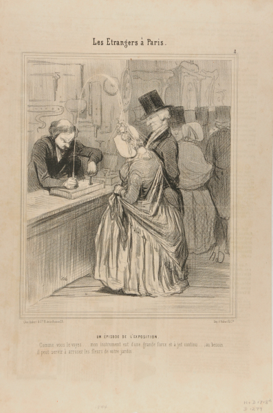 AN EPISODE AT THE EXHIBITION. AS YOU CAN SEE, MY INSTRUMENT IS OF GREAT FORCE AND PRODUCES A CONTINUOUS JET. IN CASE OF NEED IT CAN ALSO BE USED TO WATER THE FLOWERS IN YOUR GARDEN.