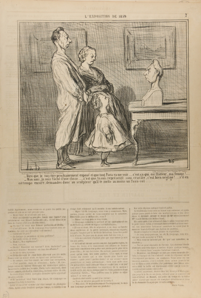 TO IMAGINE THAT NEXT YEAR I WILL BE EXHIBITED AND THAT EVERYBODY IN PARIS WILL SEE ME... ITS IS KIND OF FLATTERING, ISN'T IT DEAR? - I'M JUST UNHAPPY THAT YOU WON'T BE WEARING YOUR NECK-TIE... IT LOOKS A BIT SLOPPY... IF THERE IS STILL SOME TIME, WHY DON'T YOU ASK THE SCULPTOR TO ADD ON YOUR STAND-UP COLLAR.
