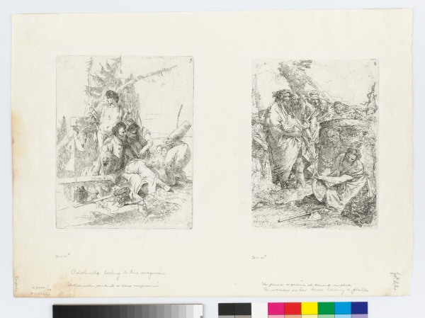 POLICHINELLE TALKING TO TWO MAGICIANS (LEFT); A WOMAN ON HER KNEES HOLDING A PLATTER (RIGHT)