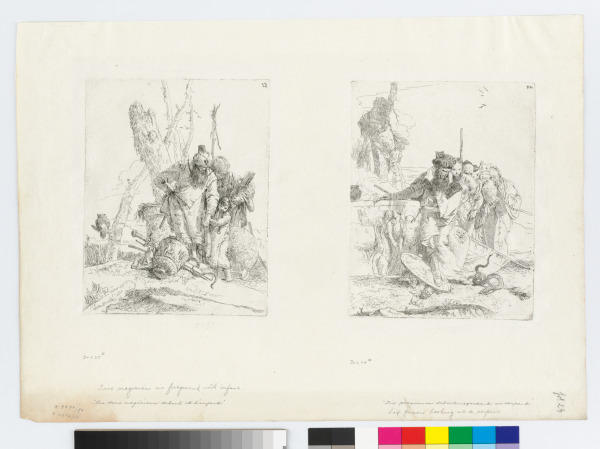 TWO MAGICIANS IN FOREGROUND WITH INFANT (LEFT); SIX PERSONS LOOKING AT A SERPENT (RIGHT)