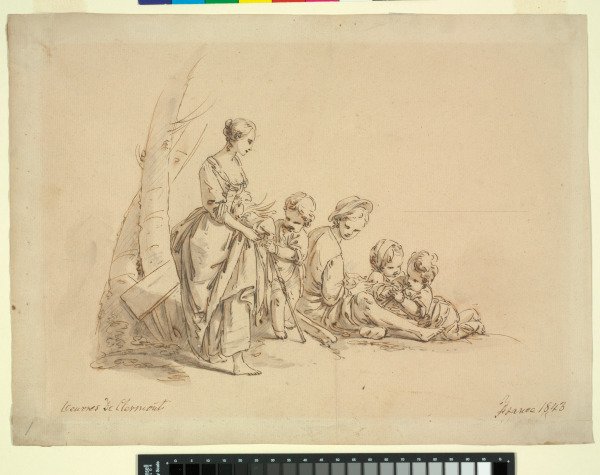 SHEPHERD AND SHEPHERDESS WITH THREE BABES BY TREE TRUNK