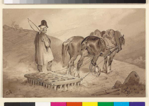 MAN HARROWING WITH TWO HORSES