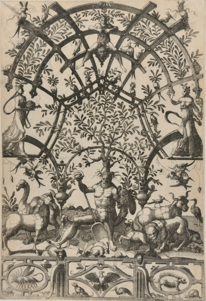 Personification of Earth, with Spade and Horn, Supporting a Tree and Lattice on his Head