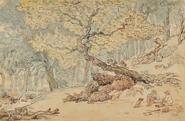 FOREST INTERIOR WITH MEN AND DOG