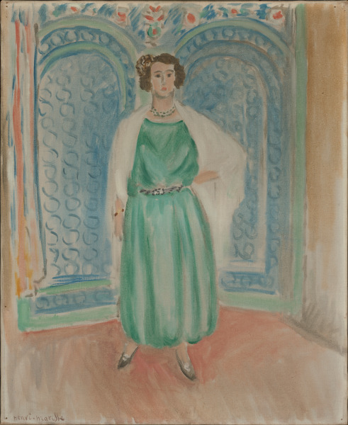 STANDING GIRL, GREEN DRESS, WHITE SHAWL
