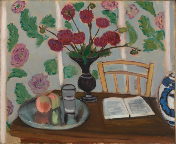 STILL LIFE, BOUQUET OF DAHLIAS AND WHITE BOOK