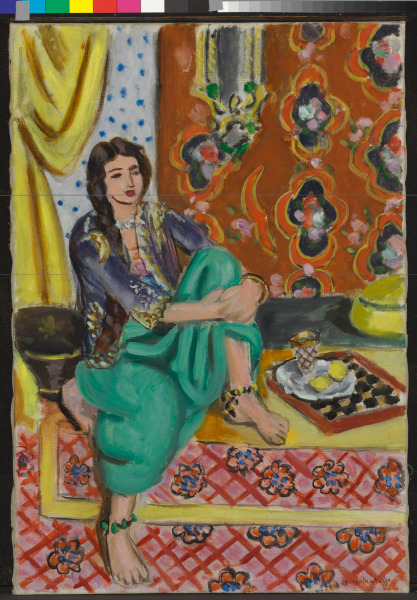 SEATED ODALISQUE, LEFT KNEE BENT, ORNAMENTAL BACKGROUND AND CHECKERBOARD