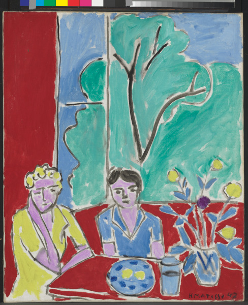 TWO GIRLS, RED AND GREEN BACKGROUND