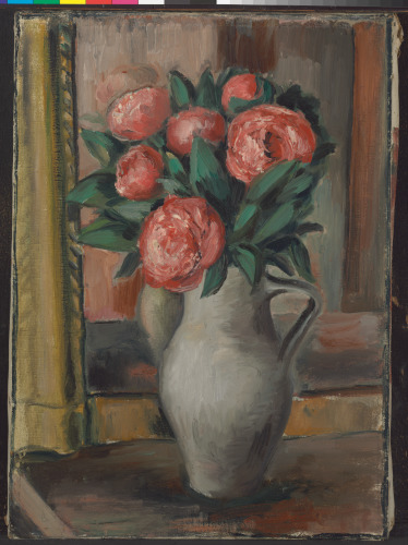 VASE OF PEONIES IN INTERIOR SETTING