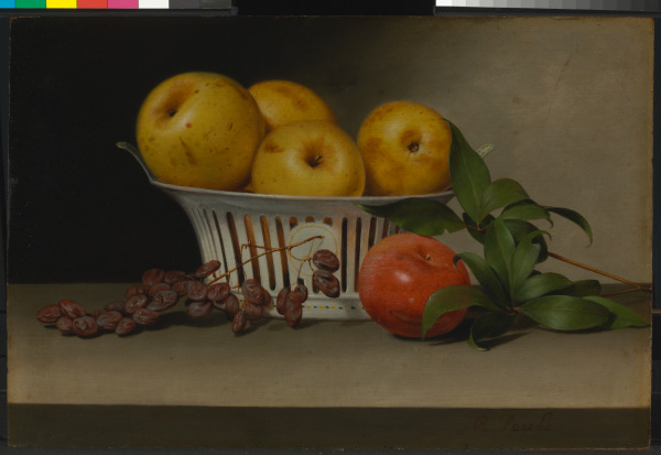 Still Life with Raisins, Yellow and Red Apples in Porcelain Basket