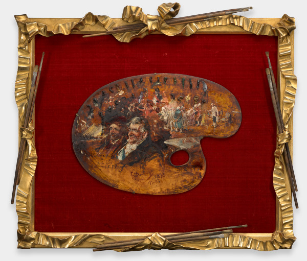 ARTIST'S PALETTE (DEDICATED TO GEORGE LUCAS AND SAMUEL P. AVERY WITH PORTRAITS OF TWO MEN, NAPOLEON, AND A GROUP OF 18TH CENTURY FIGURES)