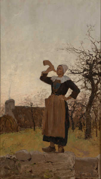 BRETON WOMAN BLOWING THE DINNER HORN