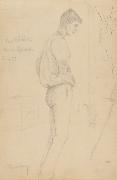 SKETCH FROM A CAMPING TRIP ON THE LOWER SUSQUEHANNA IN 1887 (FULL LENGTH STUDY OF A MAN STANDING). INSCRIBED: 'THE CRITIC - CAMP ROBERTS - JULY '87/TOMMY.' PORTRAIT OF THOMAS C. CORNER