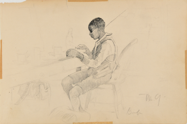 SKETCH FROM A CAMPING TRIP ON THE LOWER SUSQUEHANNA IN 1887 (STUDY OF A YOUNG MAN SEATED AT TABLE, HAVING DINNER). INSCRIBED: 'BOB'
