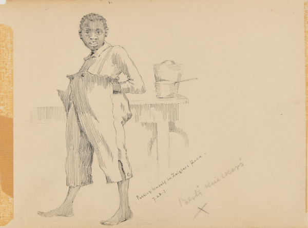 SKETCH FROM A CAMPING TRIP ON THE LOWER SUSQUEHANNA IN 1887 (FULL LENGTH STUDY OF A NEGRO BOY IN OVERSIZED PANTS). INSCRIBED: 'PUTTING HIMSELF IN ZIEGLERS'S PLACE -7-29-7/BERTS' KNICKERS'