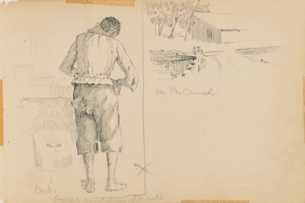 SKETCH FROM A CAMPING TRIP ON THE LOWER SUSQUEHANNA IN 1887 (RIGHT: FULL LENGTH STUDY OF A YOUNG MAN, BACK VIEW, STANDING; LEFT: BUILDING, 4 TREES, AND BRIDGE OVER CANAL). INSCRIBED: 'BOB, COMIC CONDITION OF PANTS/ON THE CANAL'