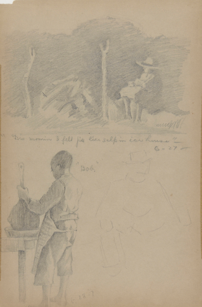 SKETCH FROM A CAMPING TRIP ON THE LOWER SUSQUEHANNA IN 1887 (TOP: FIGURE OF A MAN SEATED ON A ROCK, AMIDST TREES; BOTTOM: FULL LENGTH STUDY OF A BOY, STANDING, WASHING A SKILLET). INSCRIBED: 'DIS MORNIN I FELT JUS LIKE SELP IN ICE HOUSE' -6-27/BOB/6-28-7'