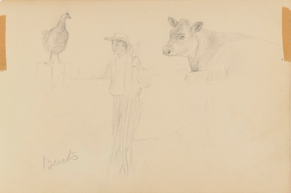SKETCH FROM A CAMPING TRIP ON THE LOWER SUSQUEHANNA IN 1887 (SKETCH OF A CHICKEN, A MAN, AND A COW). INSCRIBED: 'BURTS'
