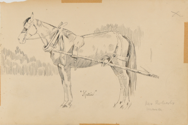 SKETCH FROM A CAMPING TRIP ON THE LOWER SUSQUEHANNA IN 1887 (SKETCH OF A HORSE IN HARNESS, SIDE VIEW). INSCRIBED: 'KATIE/MR. ROBERTS MARE'