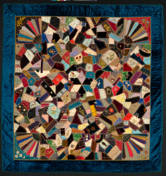 Crazy Quilt with Center Star and Blue Velvet Border