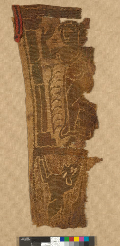 FRAGMENT OF TUNIC ORNAMENT WITH DANCING WOMAN (BACCHANTE) AND ANIMAL