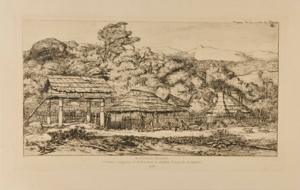 NATIVE BARNS AND HUTS AT AKAROA, BANKS PENINSULA, 1845
