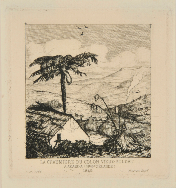 THE OLD SOLDIER-SETTLER'S THATCHED COTTAGE, AKAROA, 1845