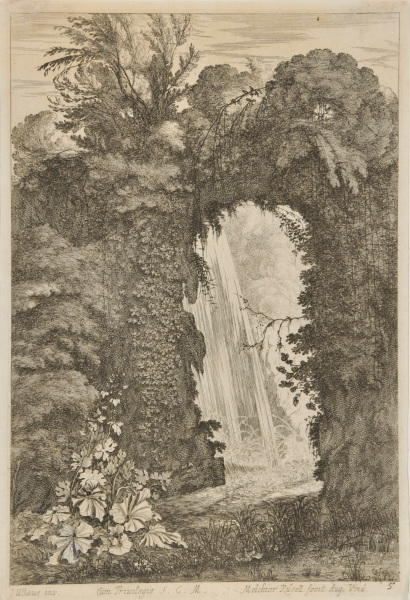ITALIAN LANDSCAPE WITH WATERFALL SEEN THROUGH A NATURAL ARCH